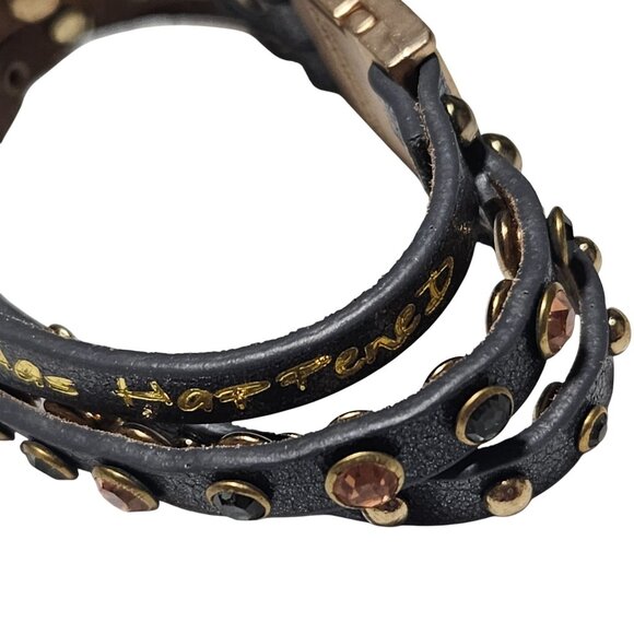 Goodworks Black Leather Wrap Bracelet Gold Tone Hardware Rhinestone Accents - Picture 5 of 8